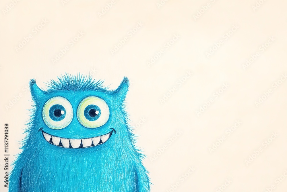 Fototapeta premium Blue furry monster with big eyes smiling, plenty of copy space