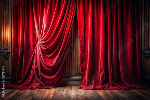 Red Curtains Low Light Photography - Dramatic Interior Design, Velvet Curtains, Night Photography, Dark Room, Red Fabric, Window Light, Cinematic Lighting