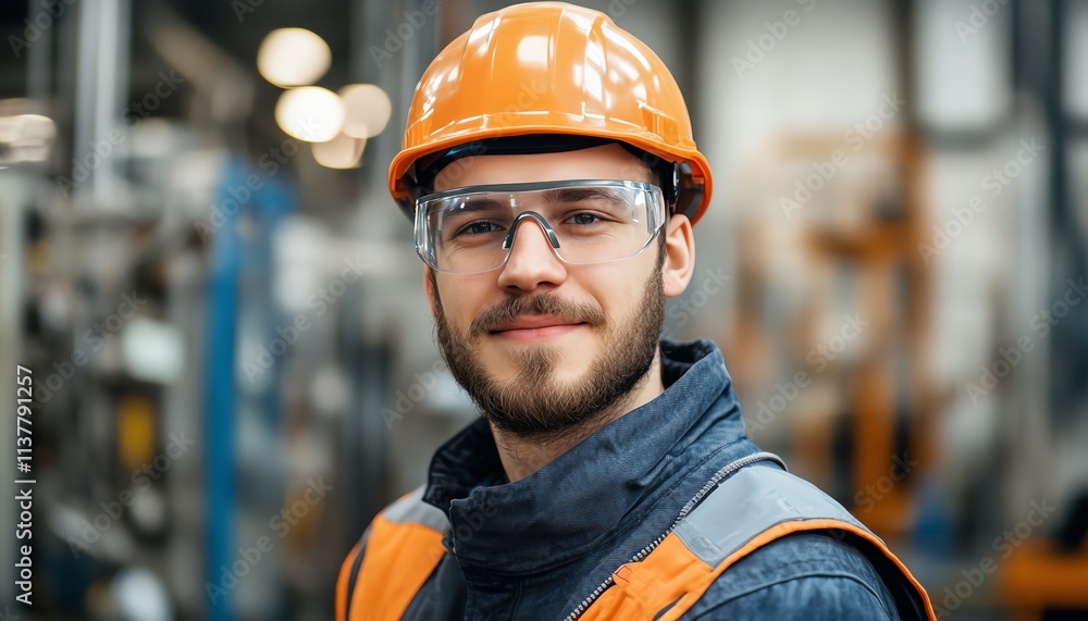 Worker in a factory wearing safety gear, including helmet, protective glasses, and mask, showcasing work safety protection equipment and industrial safety practices Worker in a factory wearing safety gear, including helmet, protective glasses, and mask, showcasing work safety protection equipment and industrial safety practices