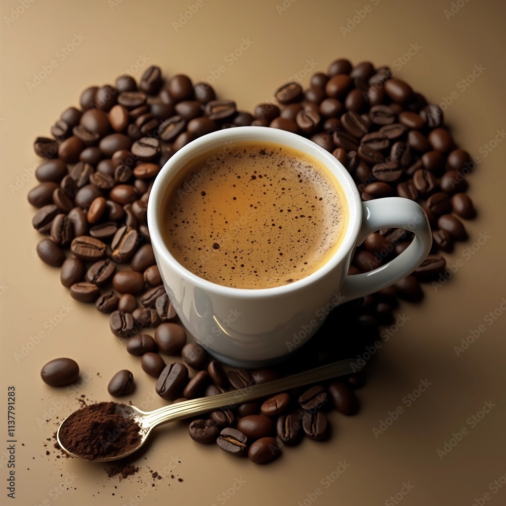 Obraz premium Espresso cup with a coffee bean heart shape