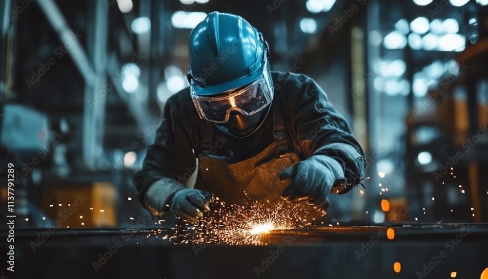 Worker in a factory wearing safety gear, including helmet, protective glasses, and mask, showcasing work safety protection equipment and industrial safety practices Worker in a factory wearing safety gear, including helmet, protective glasses, and mask, showcasing work safety protection equipment and industrial safety practices