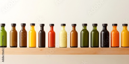 Row of colorful infused oils on wooden shelf, modern culinary tr photo