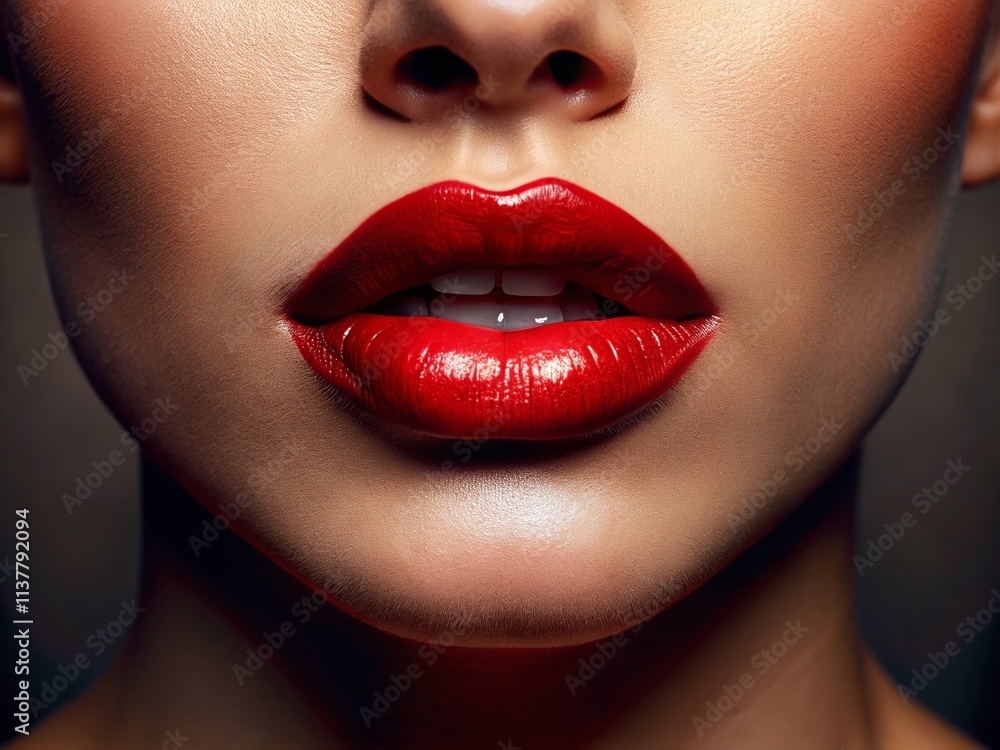 Obraz premium Red Lipstick Close Up Photography: Glamorous Matte & Shiny Lip Textures