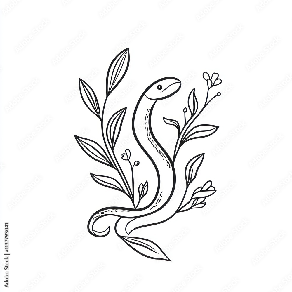 Fototapeta premium Line art illustration of a snake coiled around foliage.