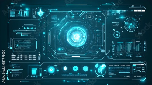 Wallpaper Mural A high-tech digital interface with translucent holographic panels, glowing in a gradient of light blue and silver.  Torontodigital.ca