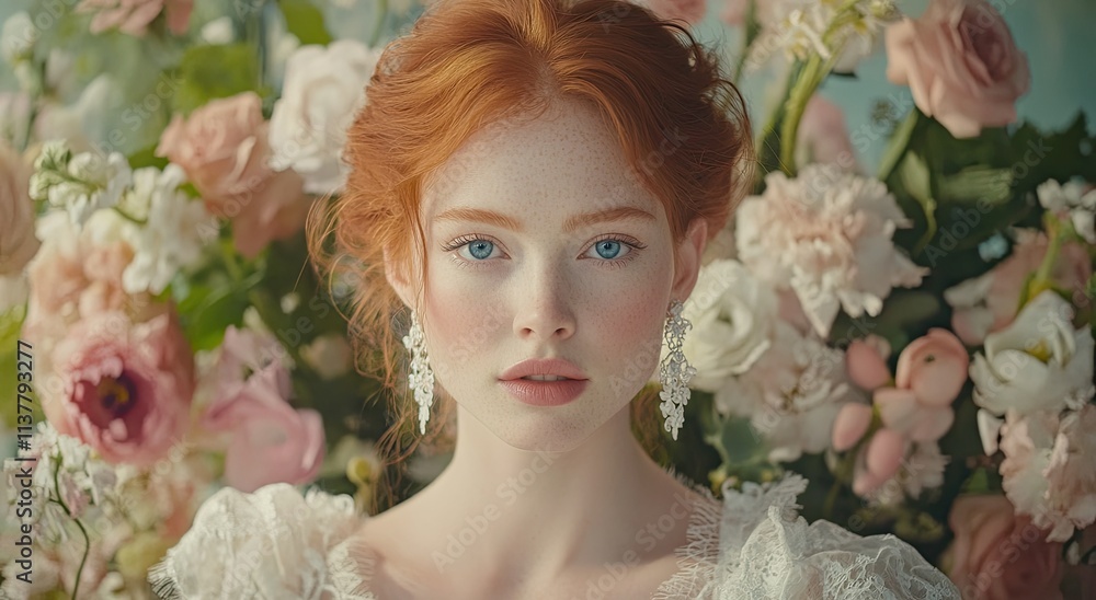 Naklejka premium an elegant woman with red hair and blue eyes in front of a bouquet of flowers. She is wearing white lace earrings and a vintage wedding dress
