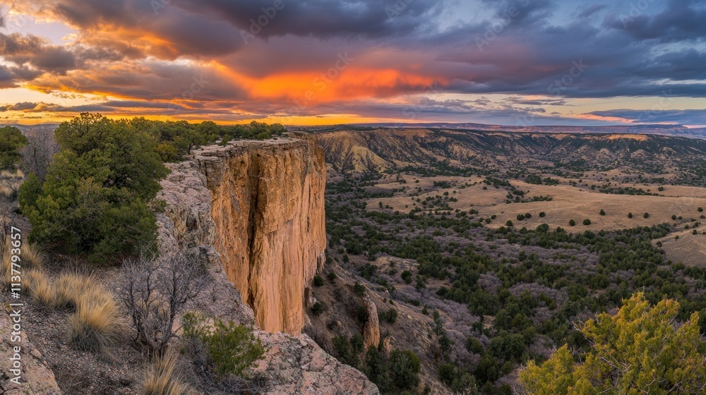 Obraz premium Cliffside sunset view with plains and dramatic sky.