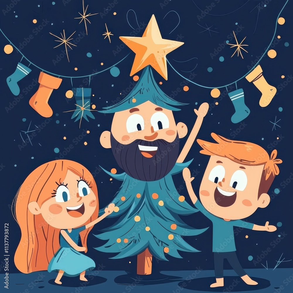 Naklejka premium Joyful holiday celebration with kids and santa festive home digital art cozy atmosphere cheerful perspective