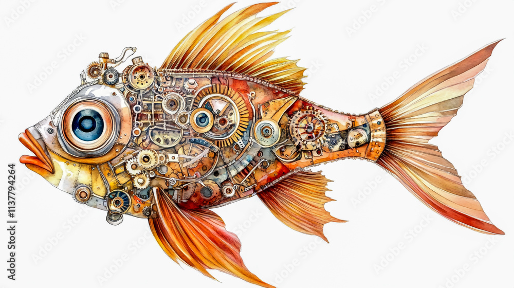 Fototapeta premium Steampunk-inspired fish illustration, featuring intricate mechanical details and vintage, industrial elements