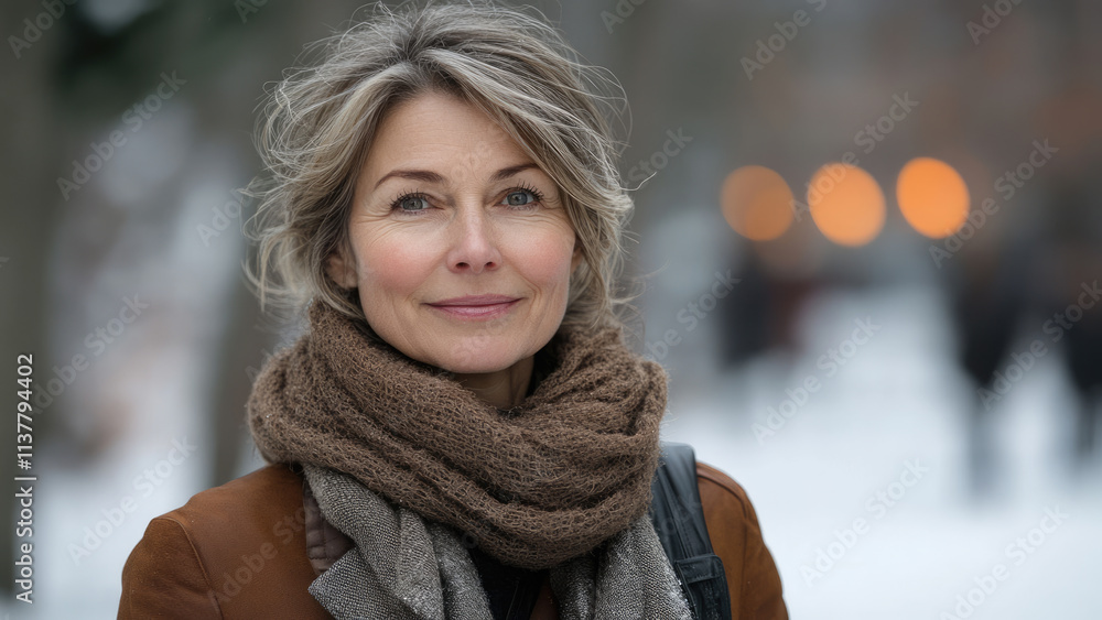 Winter Portrait Of Mature Woman In Knitted Hat And Scarf Winter Portrait Of Mature Woman In Knitted Hat And Scarf