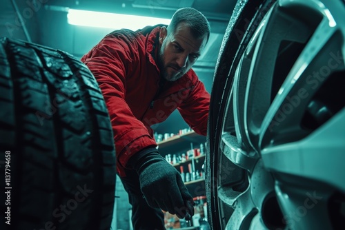 Man in red jacket checks tire tread next to car with tools arranged in background during indoor setup photo