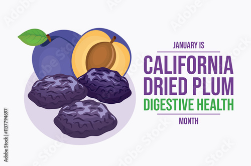 January is California Dried Plum Digestive Health Month poster vector illustration. Dried and fresh plums icon vector. Prune plum drawing. Template for background, banner, card. Important day