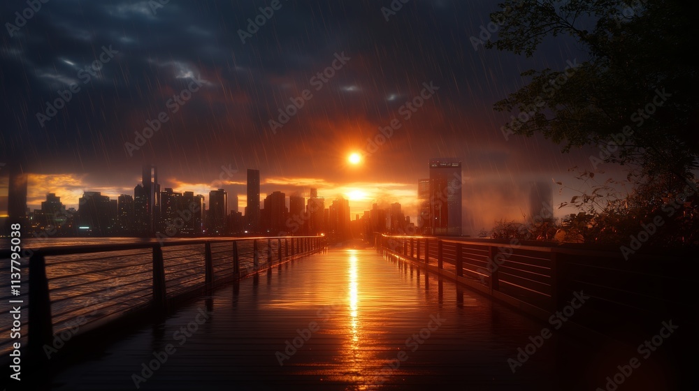 Sunset view from a waterfront promenade with city skyline reflecting on wet surface Sunset view from a waterfront promenade with city skyline reflecting on wet surface