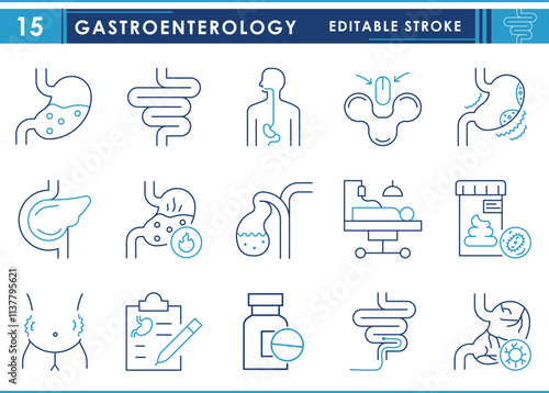 A set of line icons related to Gastroenterology. Stomach, intestine, Colonoscopy, Digestive Enzymes, Heartburn, Pancreas, Endoscopy, Gastric Acid