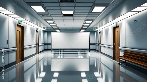 Clean and Bright Modern Hospital Hallway with Wooden Doors, Benches, and Reflective Flooring

 photo