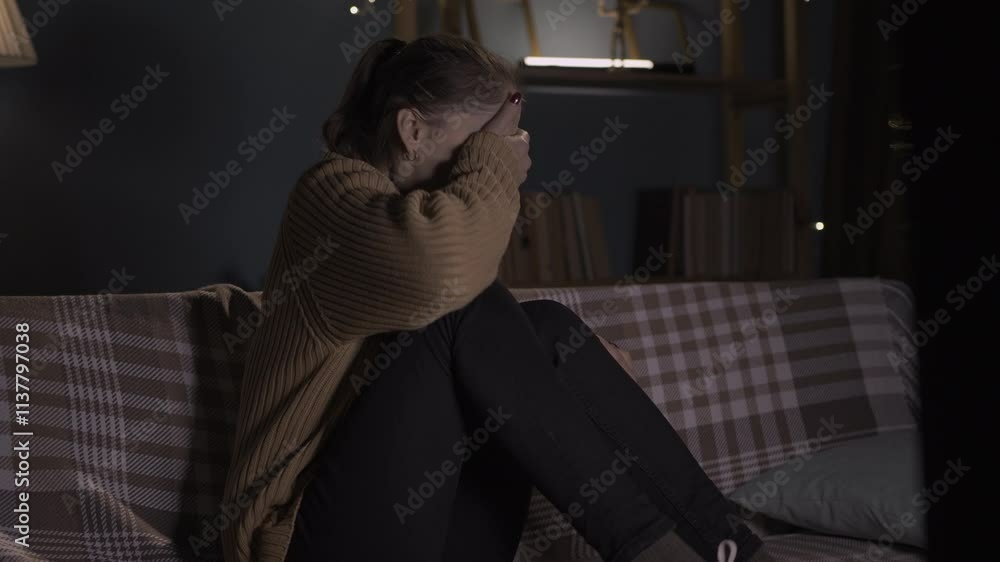 Lonely Caucasian woman at home at night watching TV, experiencing emotions of fear, concept of watching horror movies Lonely Caucasian woman at home at night watching TV, experiencing emotions of fear, concept of watching horror movies