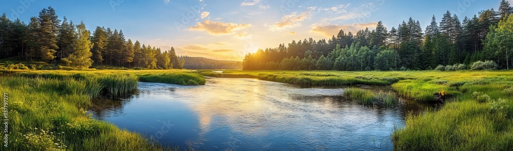 Fototapeta premium Panoramic summer river view with lush greenery and sunset reflections. AI generated illustration