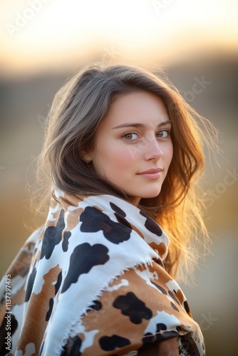 Woman wrapped in cow print scarf evoking Western vibe photo