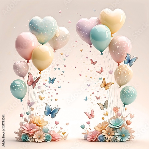 3D puffed pastel fluffy and sparkling butterflies and flowers like balloons and little hearts