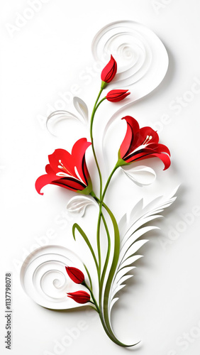 Papercraft vector-style image of red lily flowers on white background