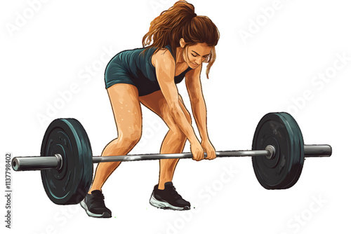 Cartoon Illustration of a woman doing a deadlift exercise, white or transparent background


