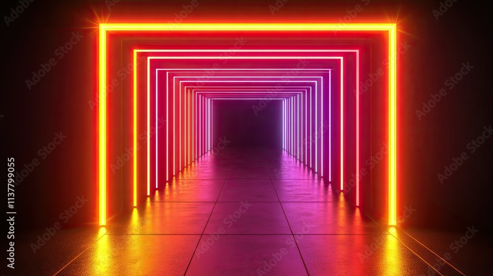 Fototapeta premium A glowing neon light tunnel with angular geometric patterns and pulsating red and yellow lights on a black backdrop