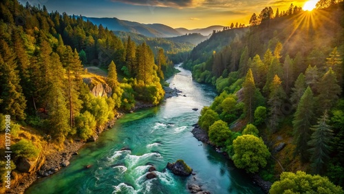 Rogue River Oregon Drone Photography: Stunning Aerial Views of Majestic River, Cascade Mountains, Wilderness, Hiking Trails photo