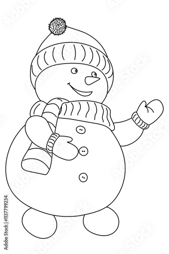 Cute Snowman in a hat, scarf and mitten. Snowman outline is isolated on a transparent background. Ready to print for children. Element of the Christmas coloring book. Vector illustration