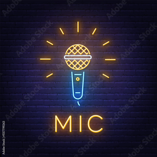 Mic Neon Sign on brick wall background.