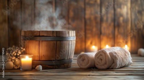 Wooden sauna bucket with steam, towels, and candles on wooden surface.