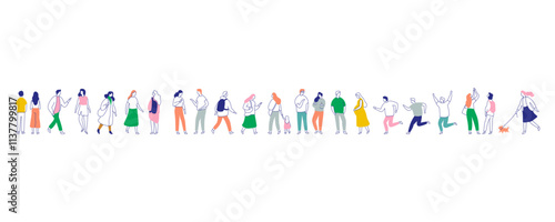 Line art people color vector horizontal banner. Crowd. Hand drawn People, male and female flat characters isolated on white background.