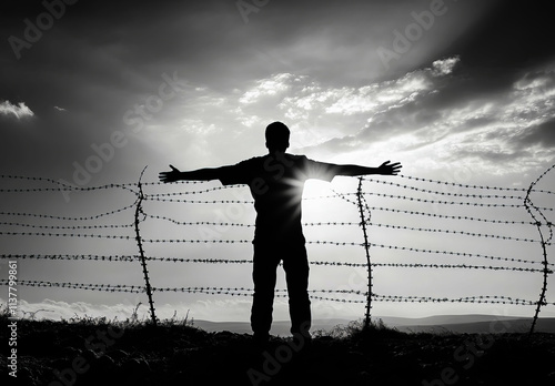 Silhouette of a man with arms outstretched behind his back, standing in front of a barbed wire fence against a sky background.  photo