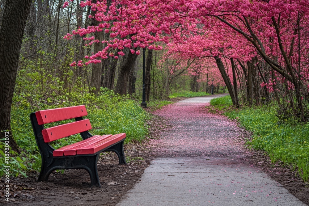 Vibrant pink blossoms line a peaceful pathway in a spring park surrounded by green trees Vibrant pink blossoms line a peaceful pathway in a spring park surrounded by green trees