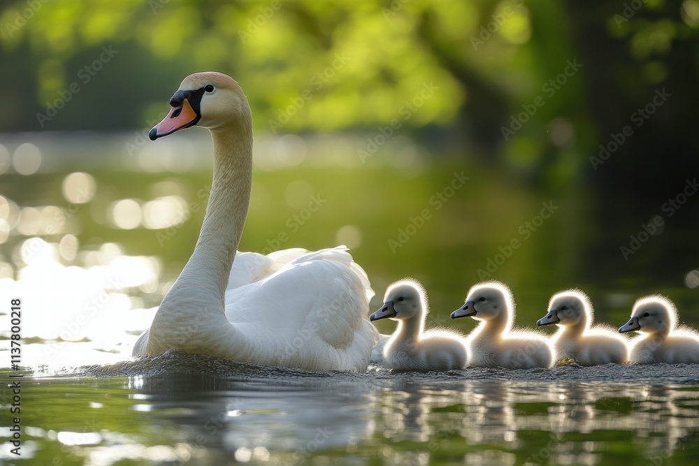 Fototapeta premium Swan and cygnets gliding through calm spring waters in a serene natural setting