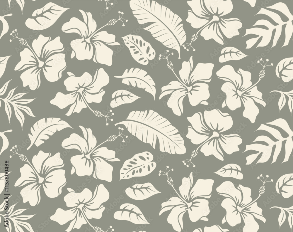 Fototapeta premium Abstract hibiscus flowers and leaves Seamless pattern. aloha Hawaiian shirt background.