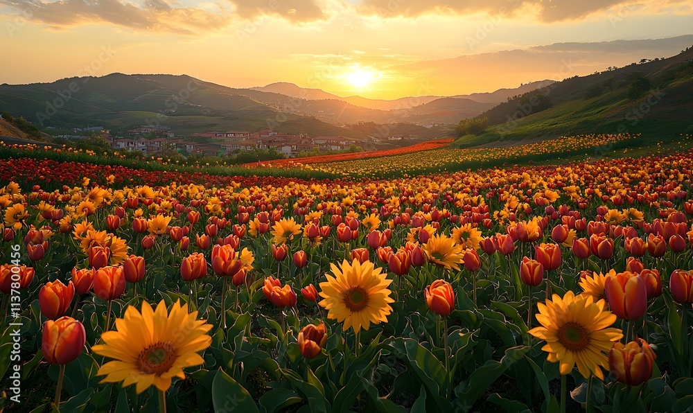 Fototapeta premium Sunflower field with red tulips at golden sunset over green hills