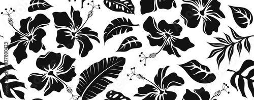 Abstract shape leaf and hibiscus flower organic seamless pattern. black floral leaves geometric pattern on white background.