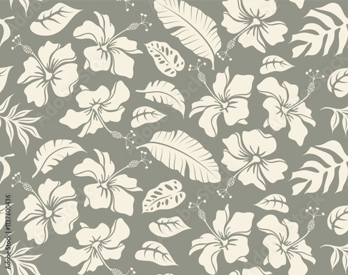 Abstract hibiscus flowers and leaves Seamless pattern. aloha Hawaiian shirt background.