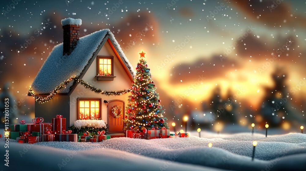 Fototapeta premium Cozy Christmas Cottage in a Winter Wonderland