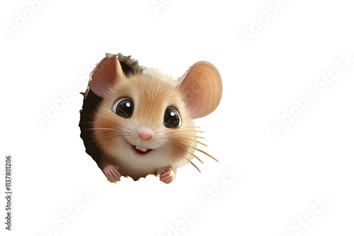 Adorable cartoon mouse peeking out of its hole on a white or transparent background. Perfect for children's illustrations, animations, and educational materials.