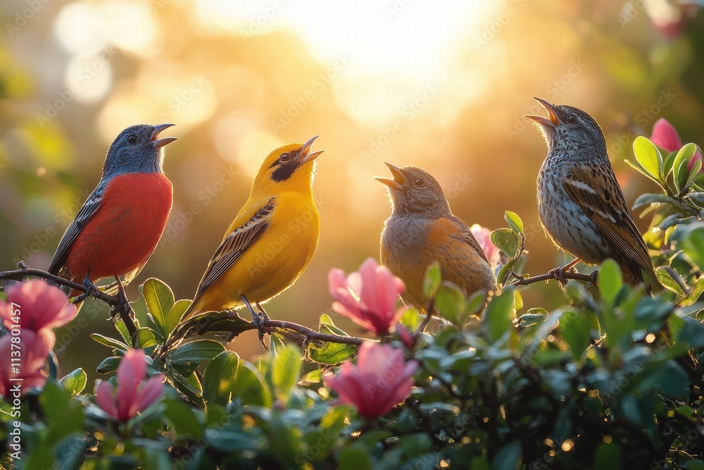 Obraz premium Colorful birds singing together in a vibrant spring garden during sunset