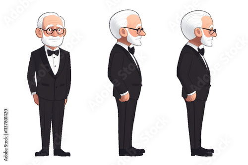 Cartoon character design of elderly gentleman in tuxedo with front, side, and back views, isolated on white or transparent background


