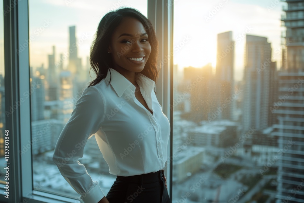 Fototapeta premium Smiling black woman in a white shirt poses by a window in a city office with soft lighting showcasing a skyline view