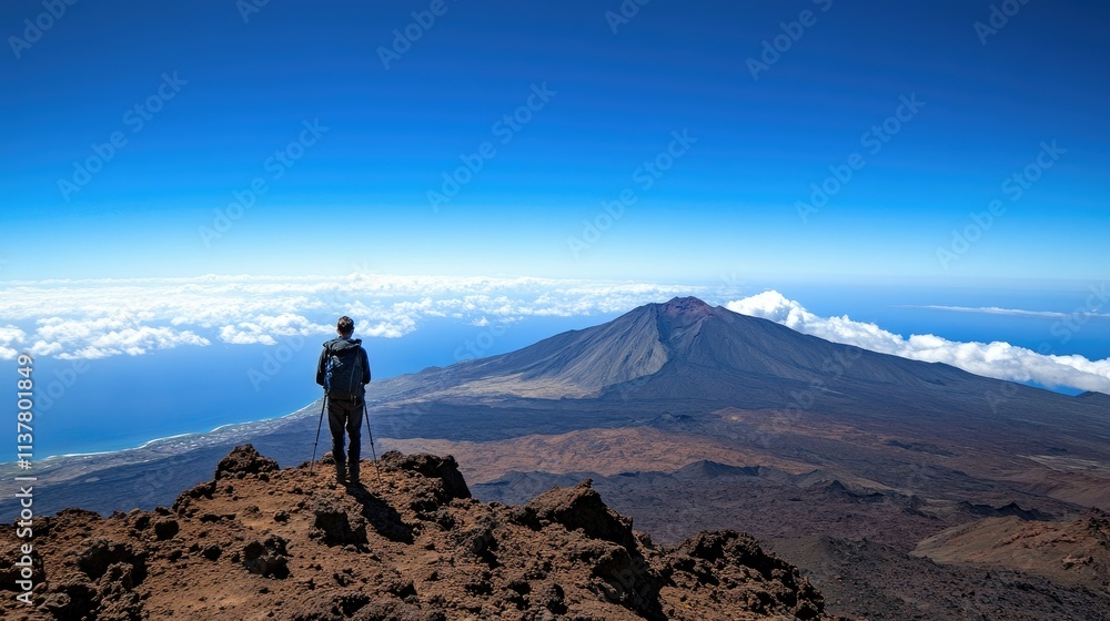 Fototapeta premium A hiker standing on a mountain peak under a vast and cloudless blue sky.