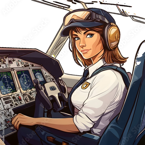 Cartoon Illustration of a female pilot in an airplane cockpit, white or transparent background