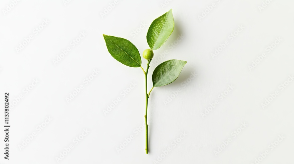 Obraz premium A lime with two leaves still attached to its stem, isolated on a pure white background