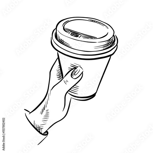 Woman holds a takeaway coffee in cardboard cup, hand drawn sketch vector illustration