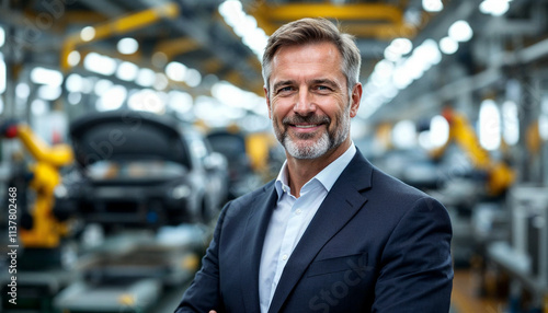 Confident German CEO in a modern auto factory, exuding leadership with natural light. photo