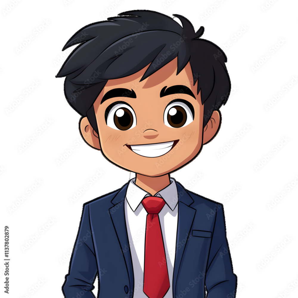 Cartoon Illustration of a smiling cartoon boy wearing a red tie and blue blazer, representing a cheerful and professional appearance isolated on white or transparent background
Cartoon Illustration of a smiling cartoon boy wearing a red tie and blue blazer, representing a cheerful and professional appearance isolated on white or transparent background