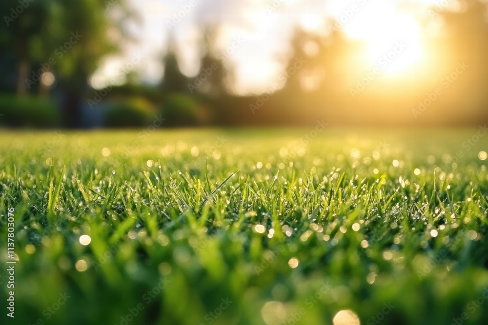 Fototapeta premium Morning dew glistens on fresh grass as sunlight breaks through the trees in a serene garden